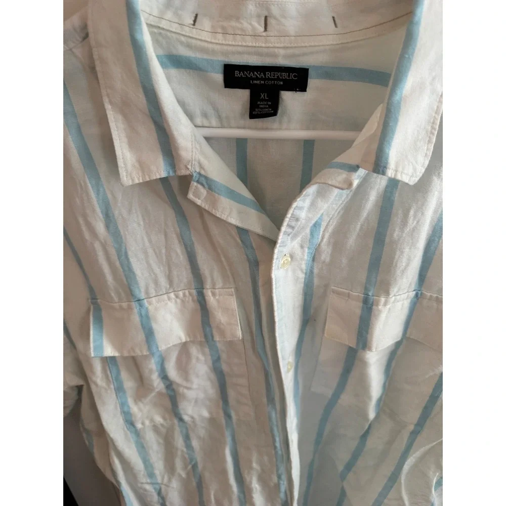 Banana Republic Mens XL Linen Cotton Striped Short Sleeve Button Down Shirt Blue
